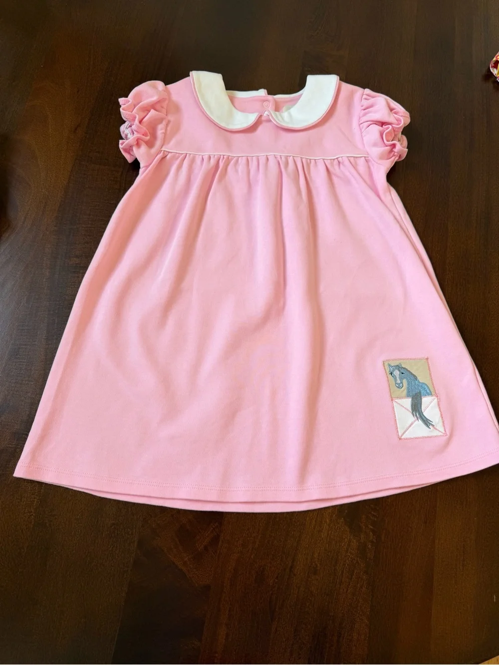 Pink Peter Pan Collar Girls' Dress with Horse Patch